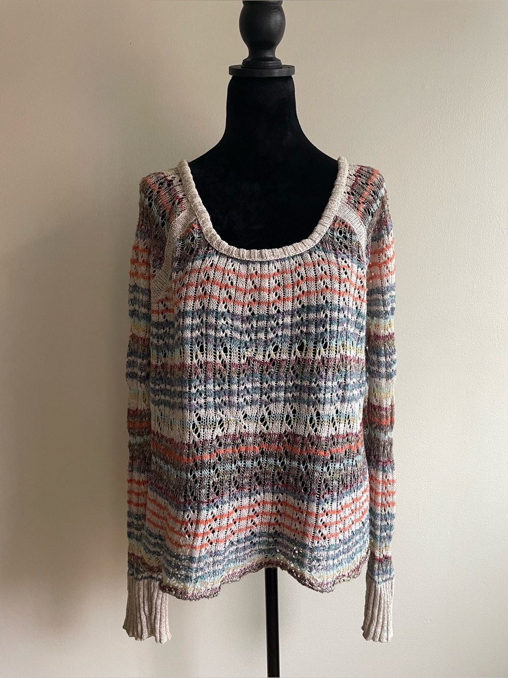 Free People Open Knit Boho Sweater Multicolor Stripe Linen Blend Women’s L